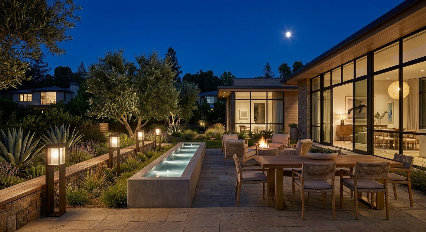 Cozy private backyard patio at night illuminated by pathway bollard lights, a glowing water feature, and warm indoor dining room light.