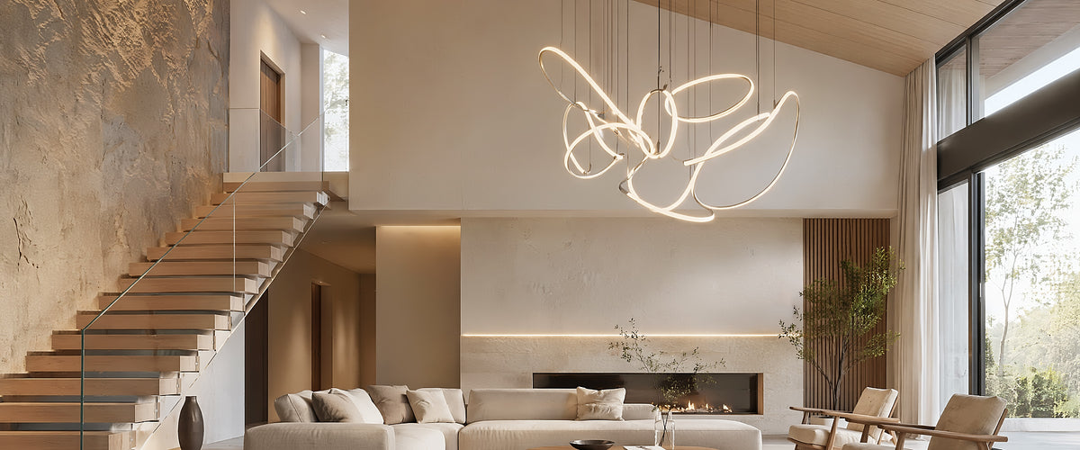An organic modern California estate interior inspired by Emma Chamberlain's home, showing a sun-drenched living room with warm layered lighting, ceramic textures, and brass accents.