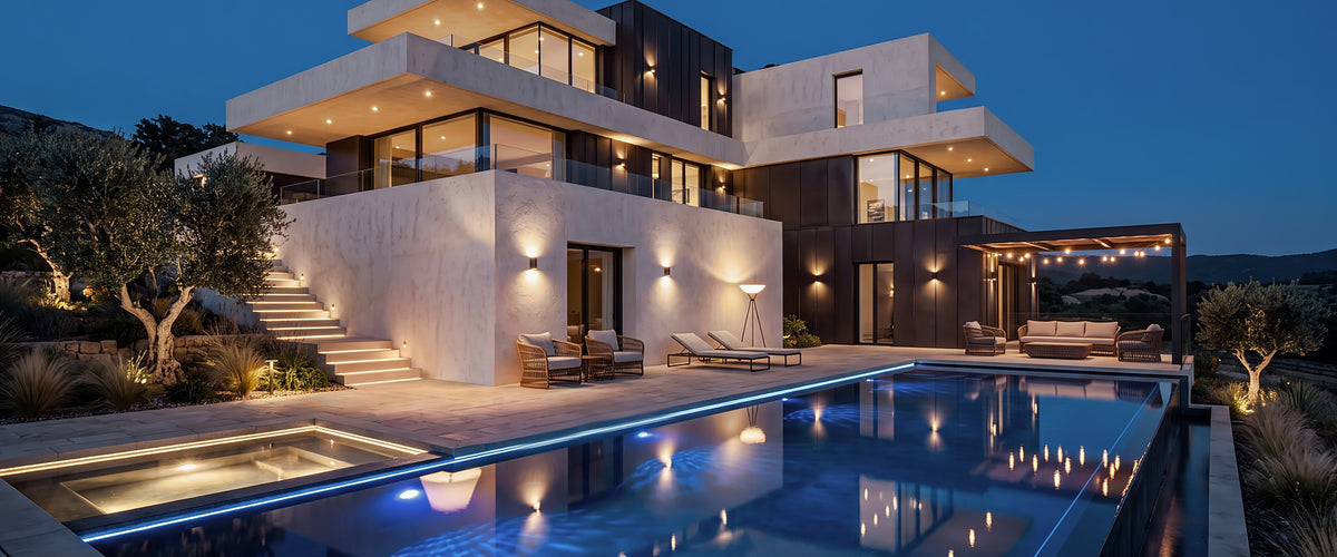 A dramatic nighttime quiet luxury estate interior illuminated by a warm, curated glow from natural alabaster and marble lights, casting soft shadows across a sophisticated modern architectural space.