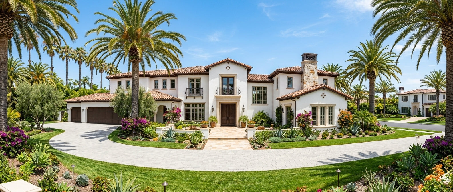 Front facade of a luxury Spanish Mediterranean style villa with clay roof tiles, palm trees, and a spacious paved driveway.