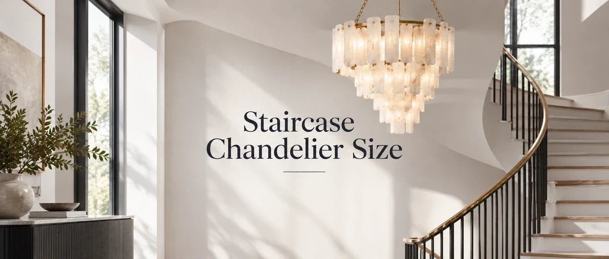 A chandelier hanging on the staircase 