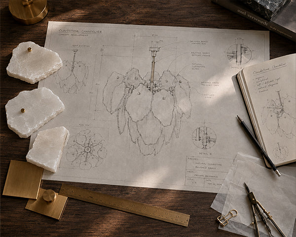 Flatlay of chandelier concept development blueprint surrounded by natural alabaster stone slabs and brushed brass material swatches on a wooden desk.