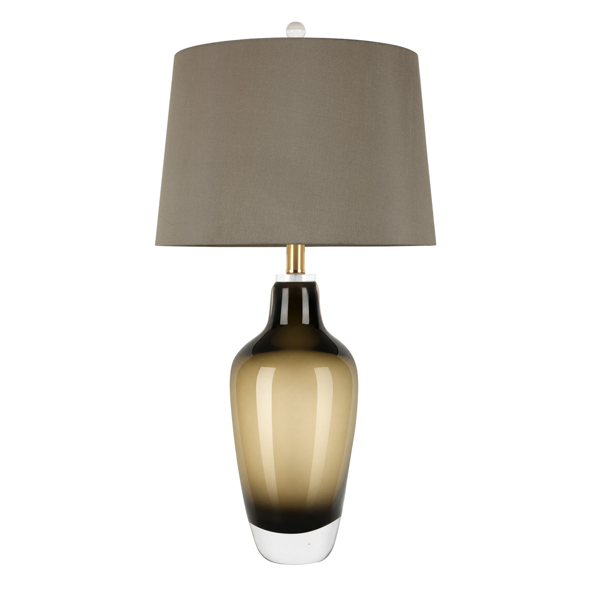 Art glass table lamp with amber gradient base and grey fabric shade turned off on white background