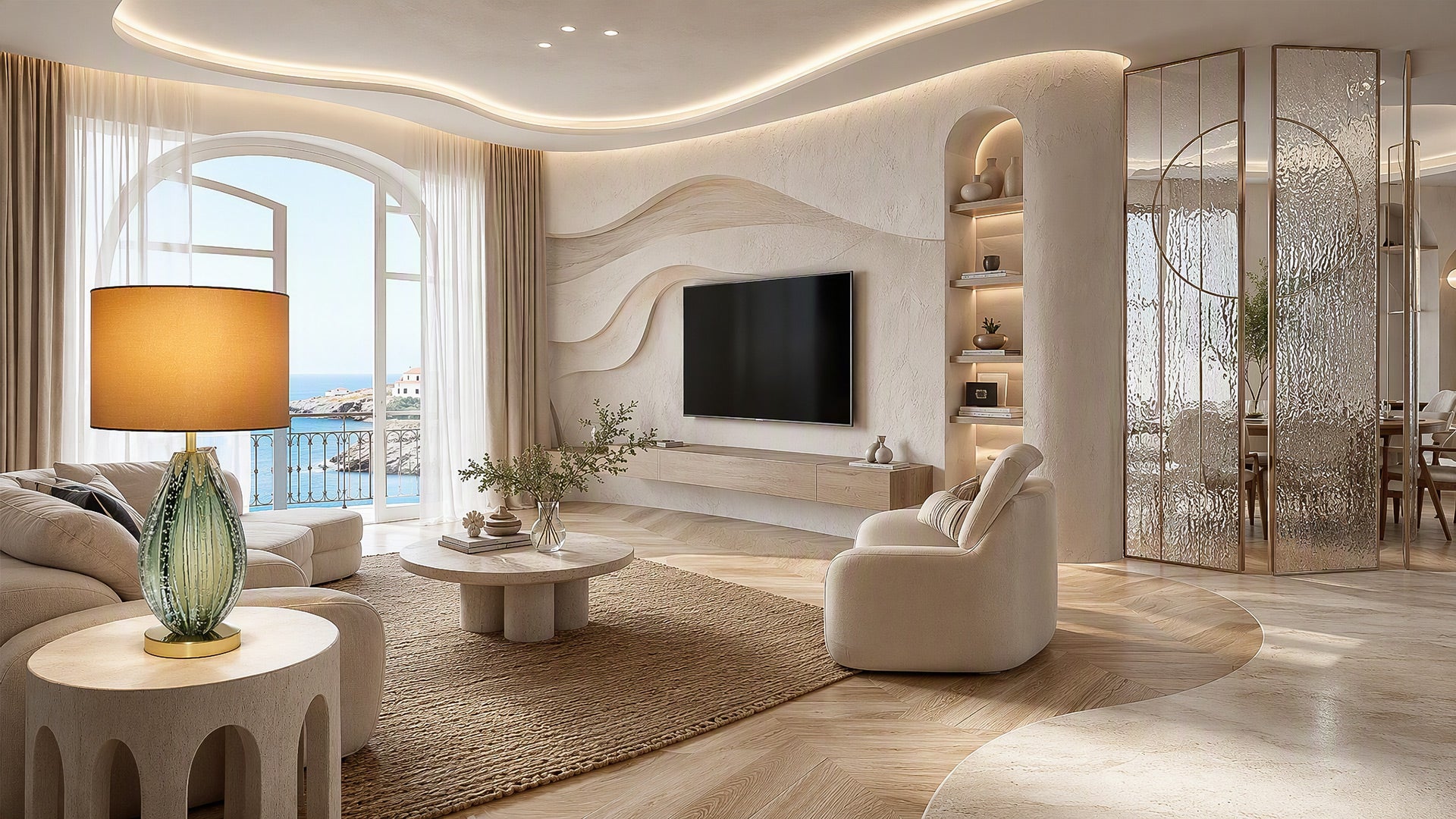 Illuminated teal seeded glass table lamp on side table in modern coastal living room overlooking the sea