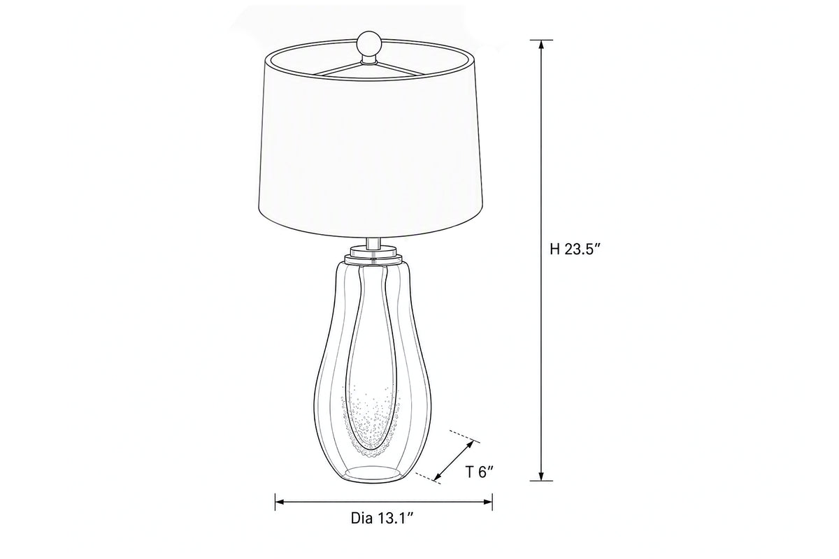 Dimension drawing showing art glass table lamp with height of 23.5 inches and width of 13.1 inches