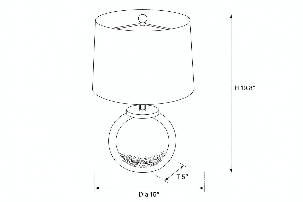 Dimension schematic drawing of art glass table lamp displaying total height 19.8 inches and base diameter 15 inches