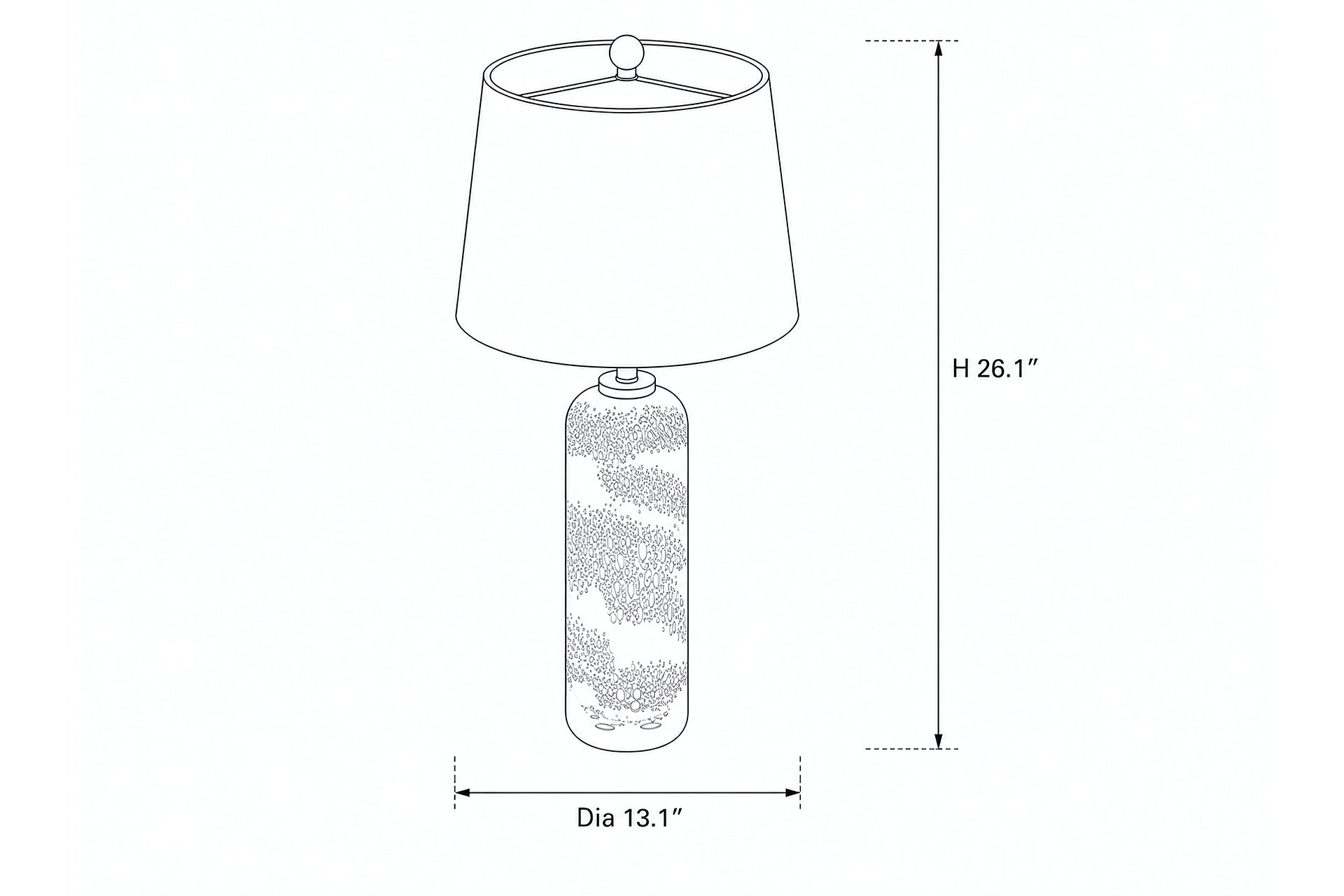 Line art dimension diagram illustrating height and shade diameter specifications for the art glass table lamp.