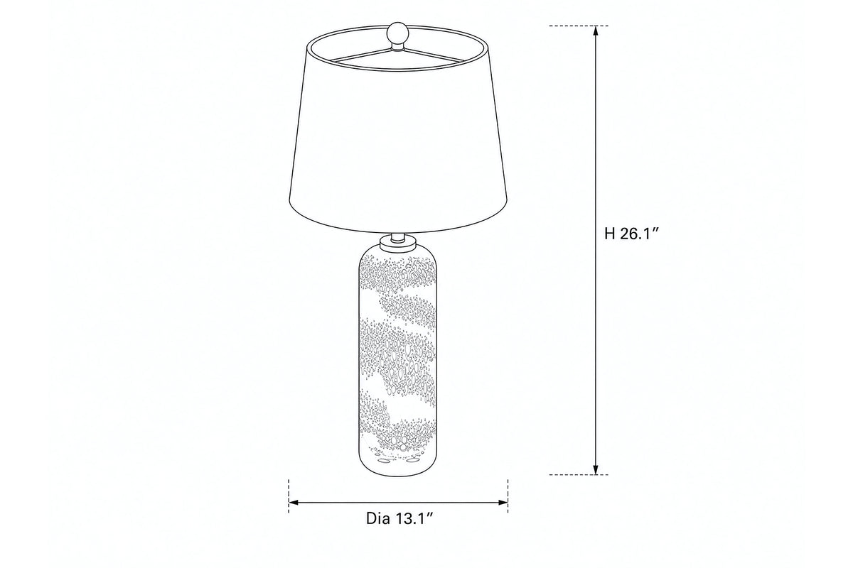 Line art dimension diagram illustrating height and shade diameter specifications for the art glass table lamp.