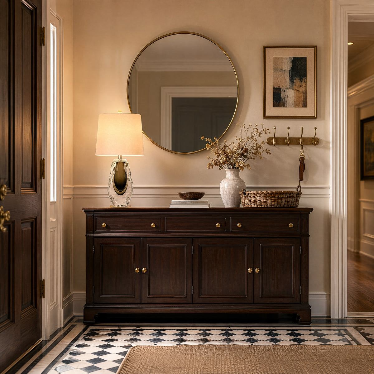 Illuminated art glass table lamp placed on a dark wood console table under a round mirror in an entryway.