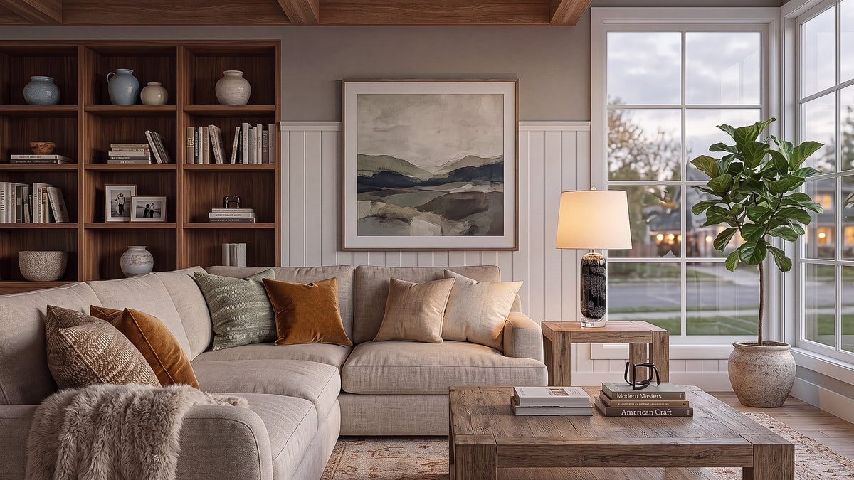 Art glass table lamp with seeded glass pattern glowing on a wooden accent table near large windows in a bright living room.