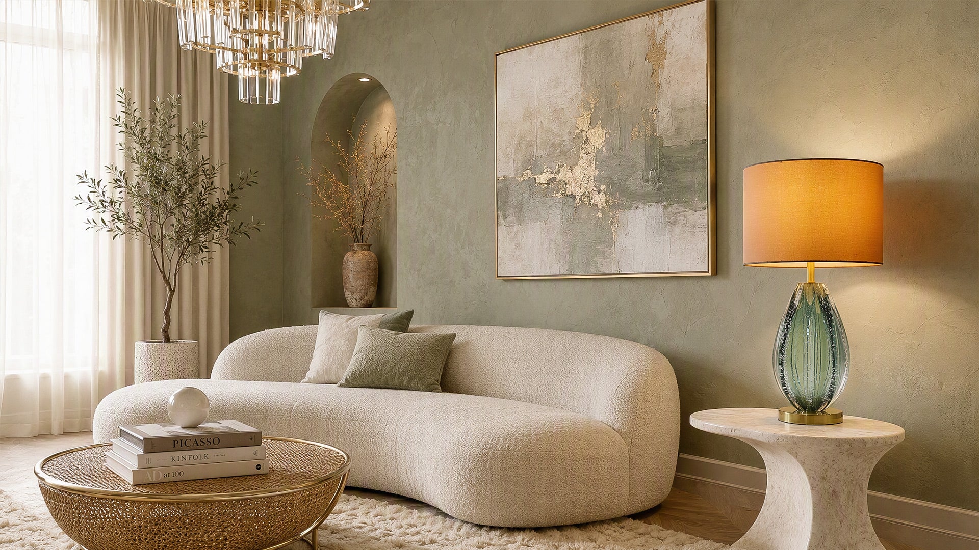 Illuminated art glass table lamp on stone end table next to beige curved sofa in modern living room