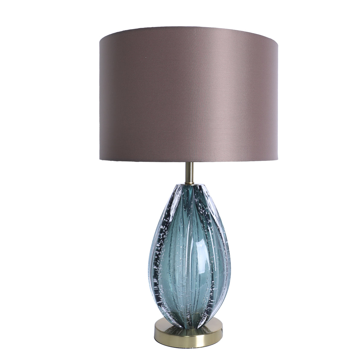 Art glass table lamp with teardrop teal seeded glass base and brown fabric shade turned off on white background