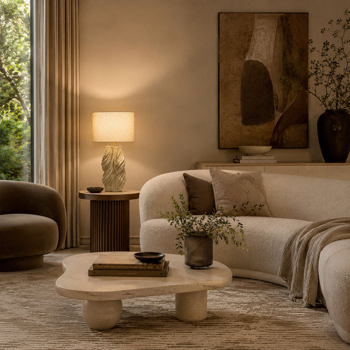 Artistic handmade ceramic table lamp illuminating modern living room on dark wooden side table near sofa
