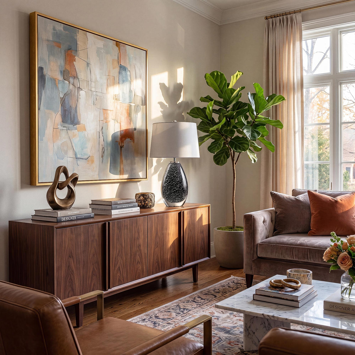 Artistic black seeded glass table lamp on a dark walnut sideboard beside leather armchair and large wall art.