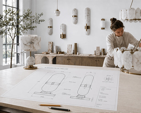 An artisan sketching a custom architectural lighting blueprint on paper, surrounded by raw stone samples and a textured ceramic table lamp at Auralumelamp Studio.