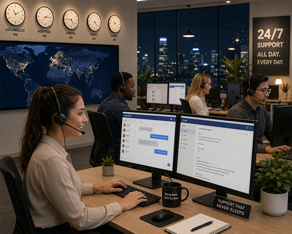 Dedicated local customer support team assisting a premium client over the phone by a modern desk with dual monitors at Auralumelamp Studio.