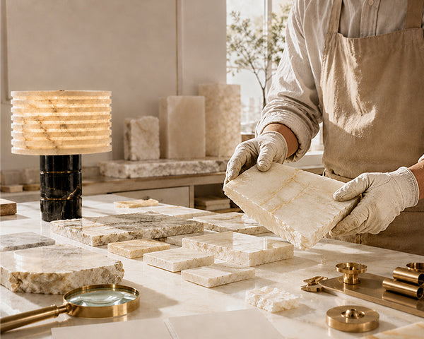 Close-up of an artisan in white gloves carefully selecting high-quality translucent Spanish alabaster stone and solid marble for luxury lamp bases at Auralumelamp Studio.