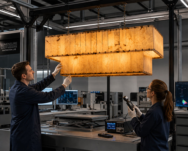 Two QC professionals inspecting the fine finish and structure of a grand, layered rectangular Spanish alabaster chandelier at Auralumelamp Studio.