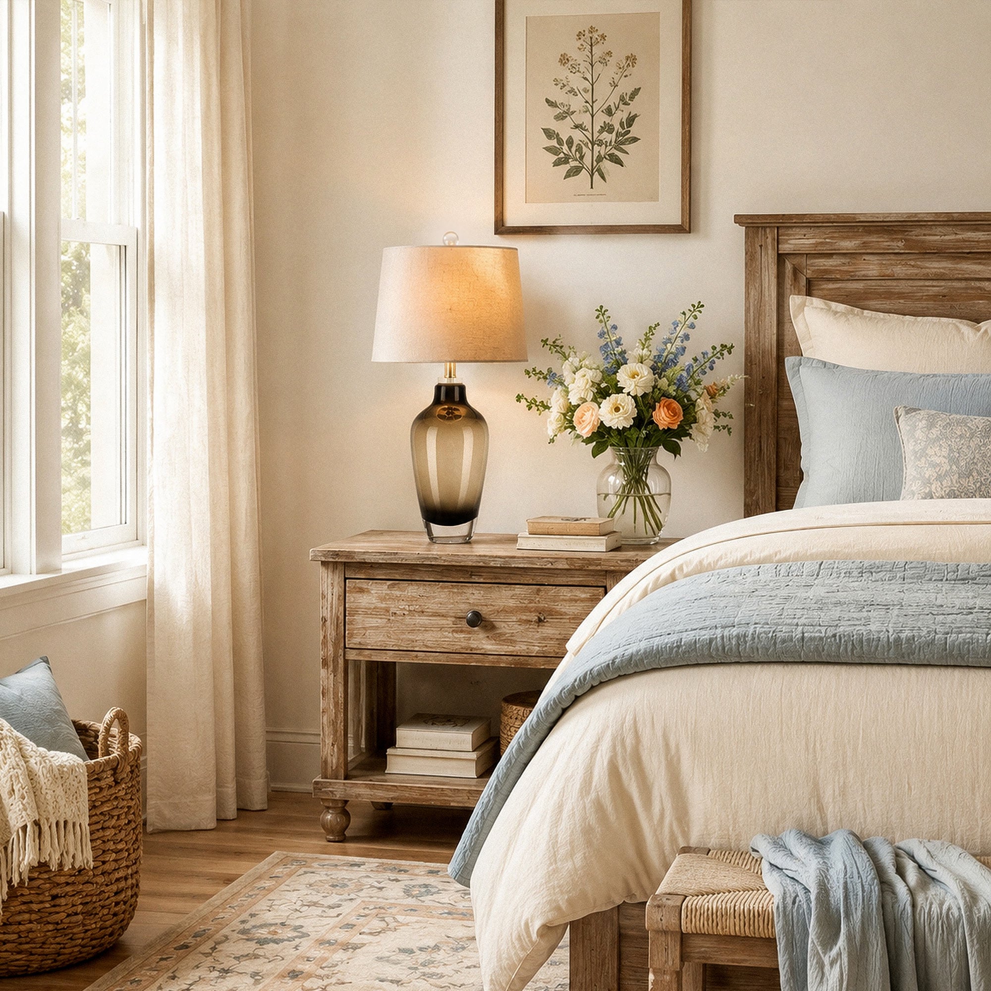 Illuminated art glass table lamp on rustic wooden nightstand beside bed in cozy bedroom
