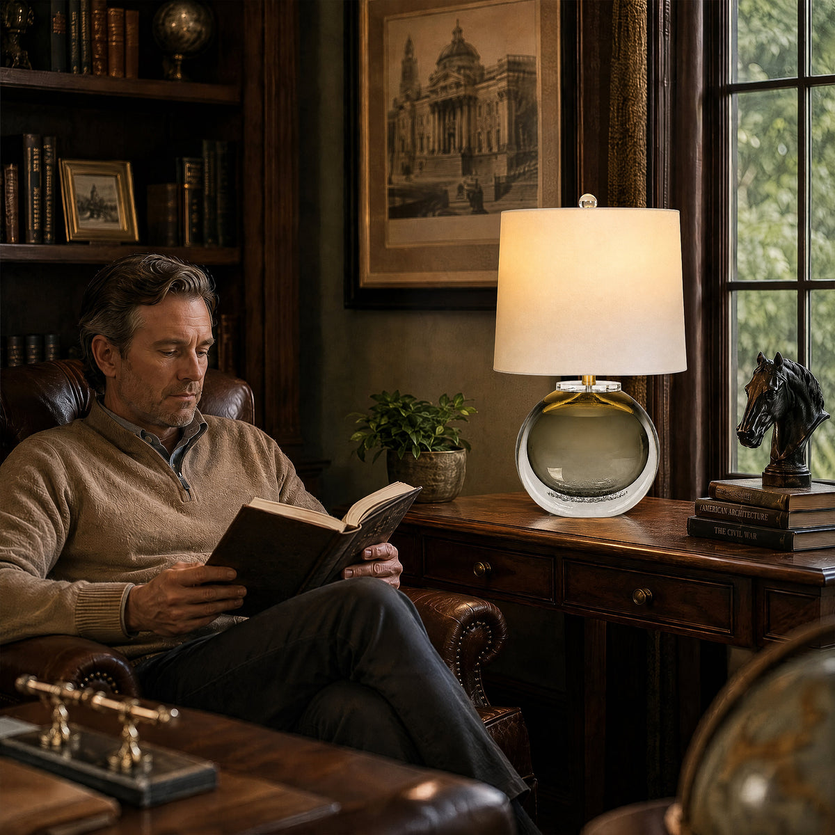 Warm illuminated art glass table lamp on a wooden desk while a man reads a book in a cozy dark wood study
