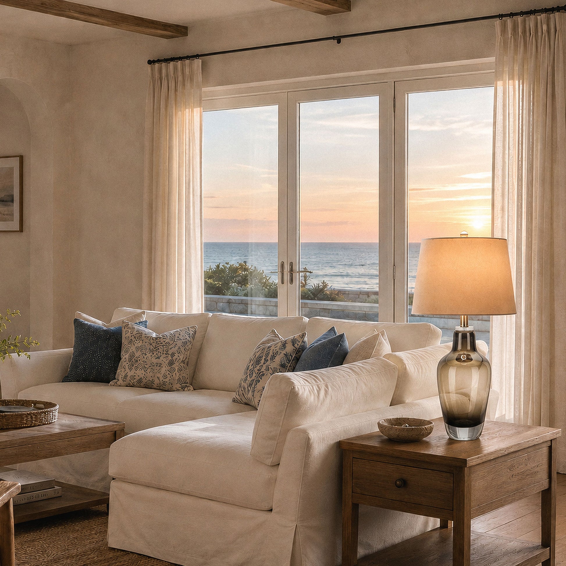 Illuminated amber gradient art glass table lamp on side table beside sofa in coastal living room overlooking ocean