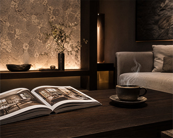 Cozy living room interior featuring an open interior design book and steaming coffee cup on a dark wooden table in warm ambient glow.