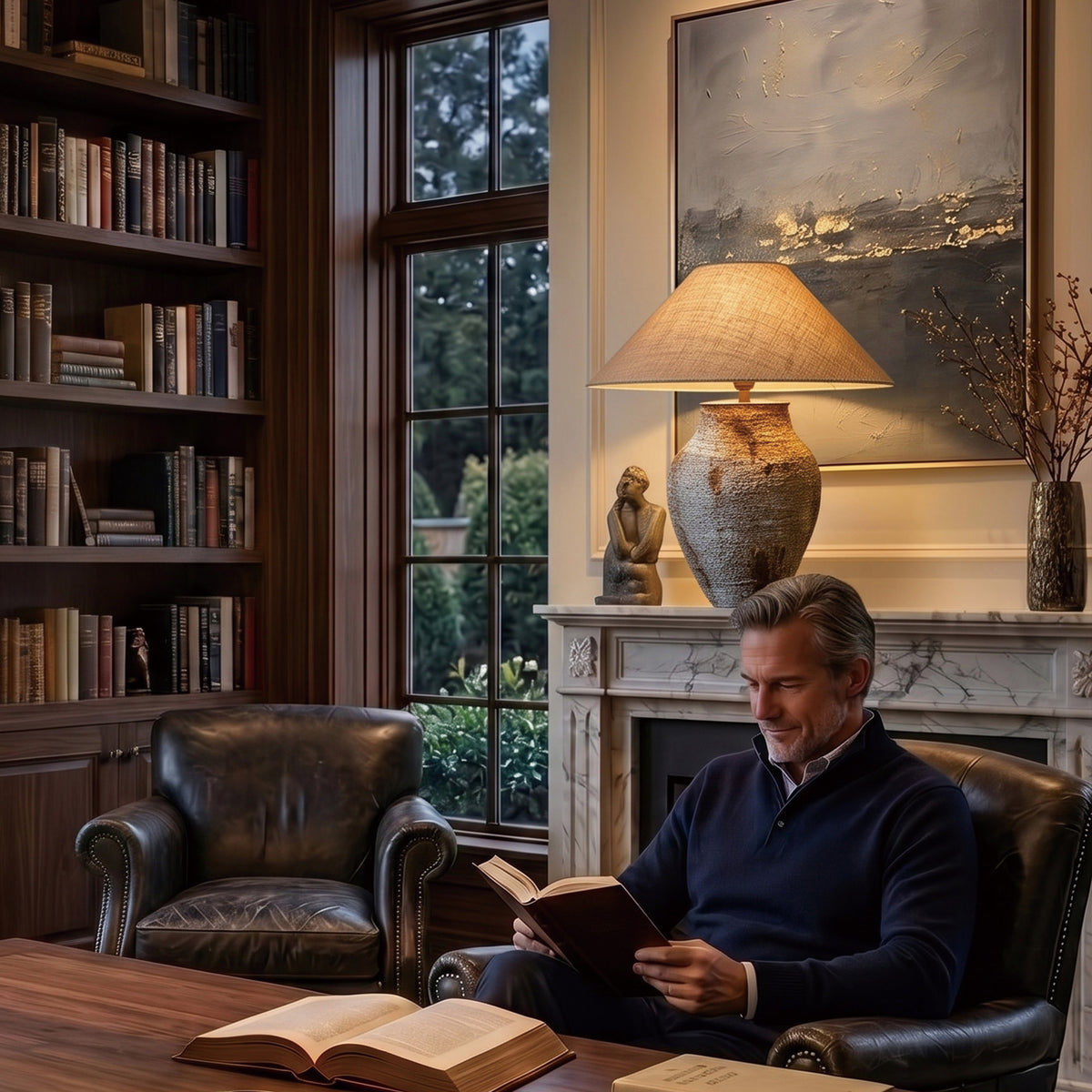 Man reading a book comfortably under the warm glow of a rustic white ceramic table lamp in an elegant home study.
