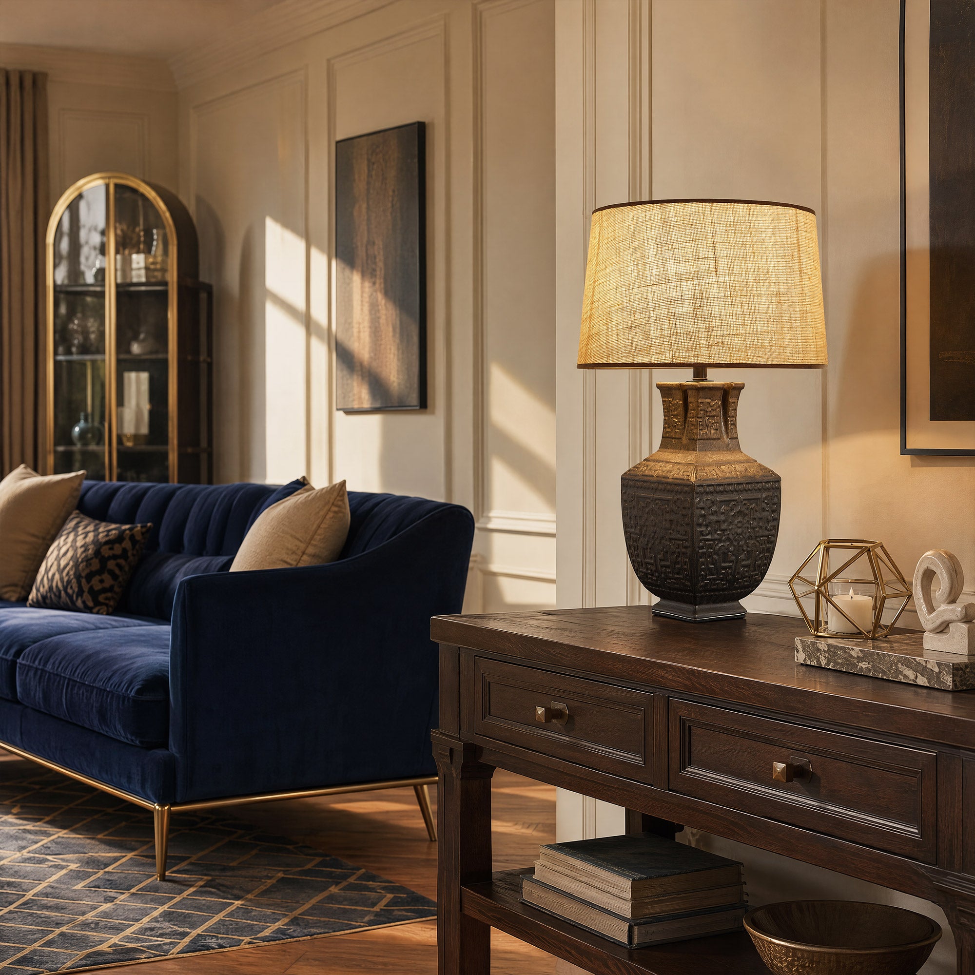 Illuminated vintage vessel ceramic table lamp on a wooden console table in a cozy dark-toned living room next to a navy blue sofa