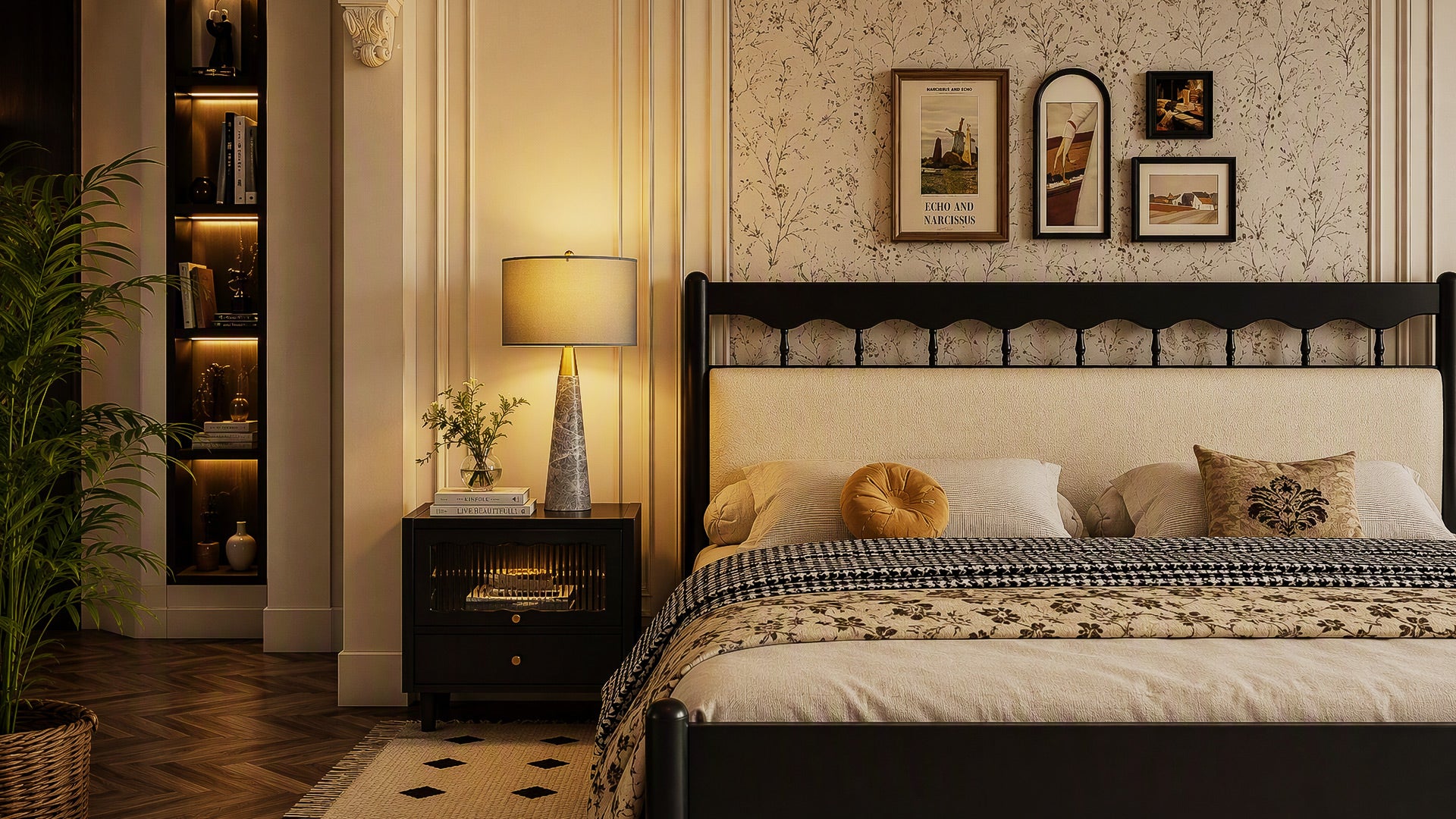 Warm lit grey marble table lamp on black nightstand in cozy modern bedroom with dark accents