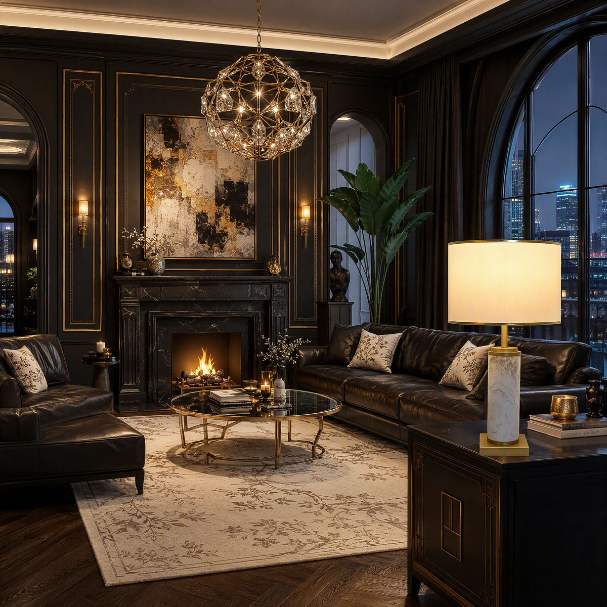 Illuminated white marble table lamp on dark cabinet in moody luxury living room with fireplace