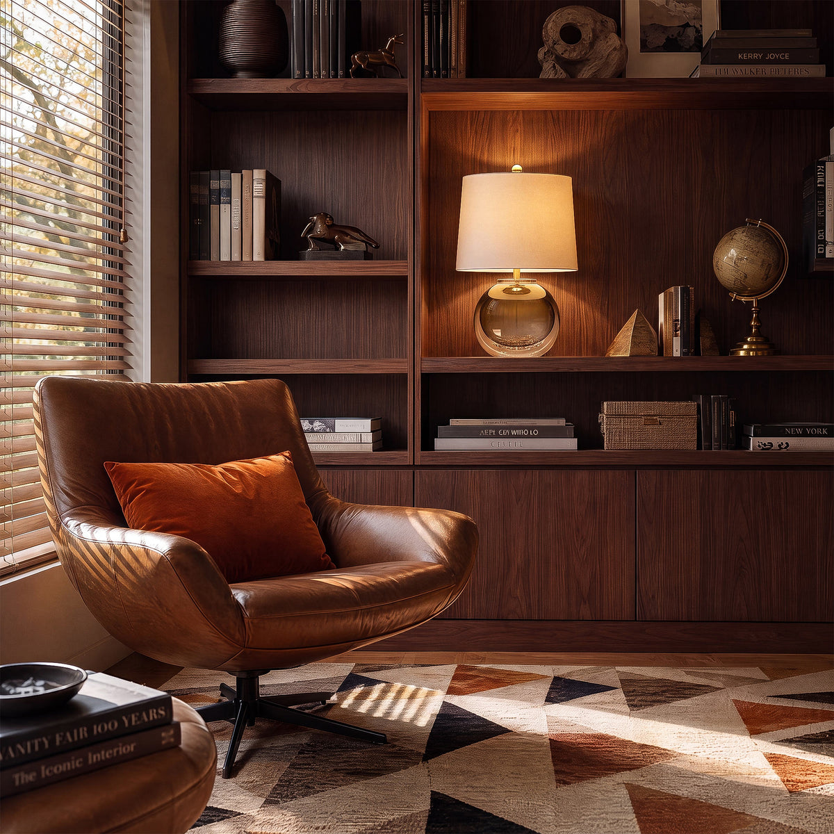 Art glass table lamp emitting warm glow on a dark wooden bookshelf in an elegant home study room