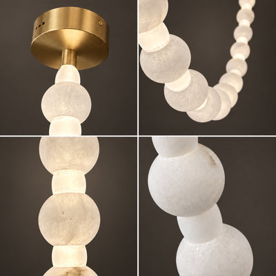 Collage showing details of translucent natural alabaster spheres and brushed brass canopy ceiling mounts