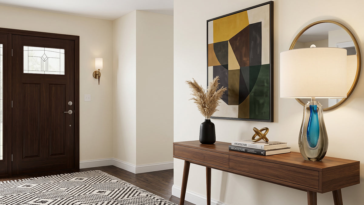 Art glass table lamp on a wooden console table in a bright home entryway hallway
