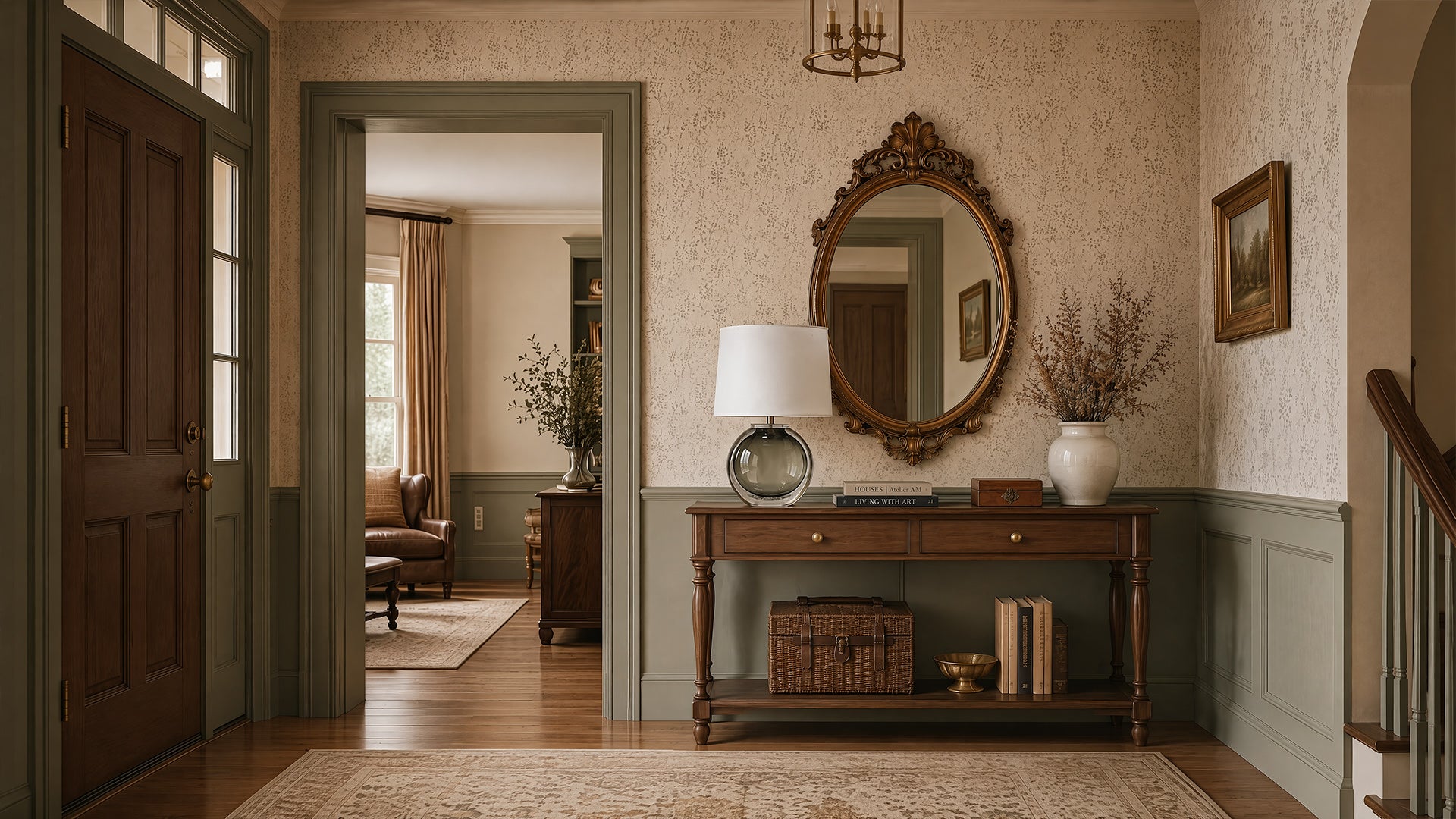 Art glass table lamp styled on a wooden console table with an oval wall mirror in an elegant entryway hallway