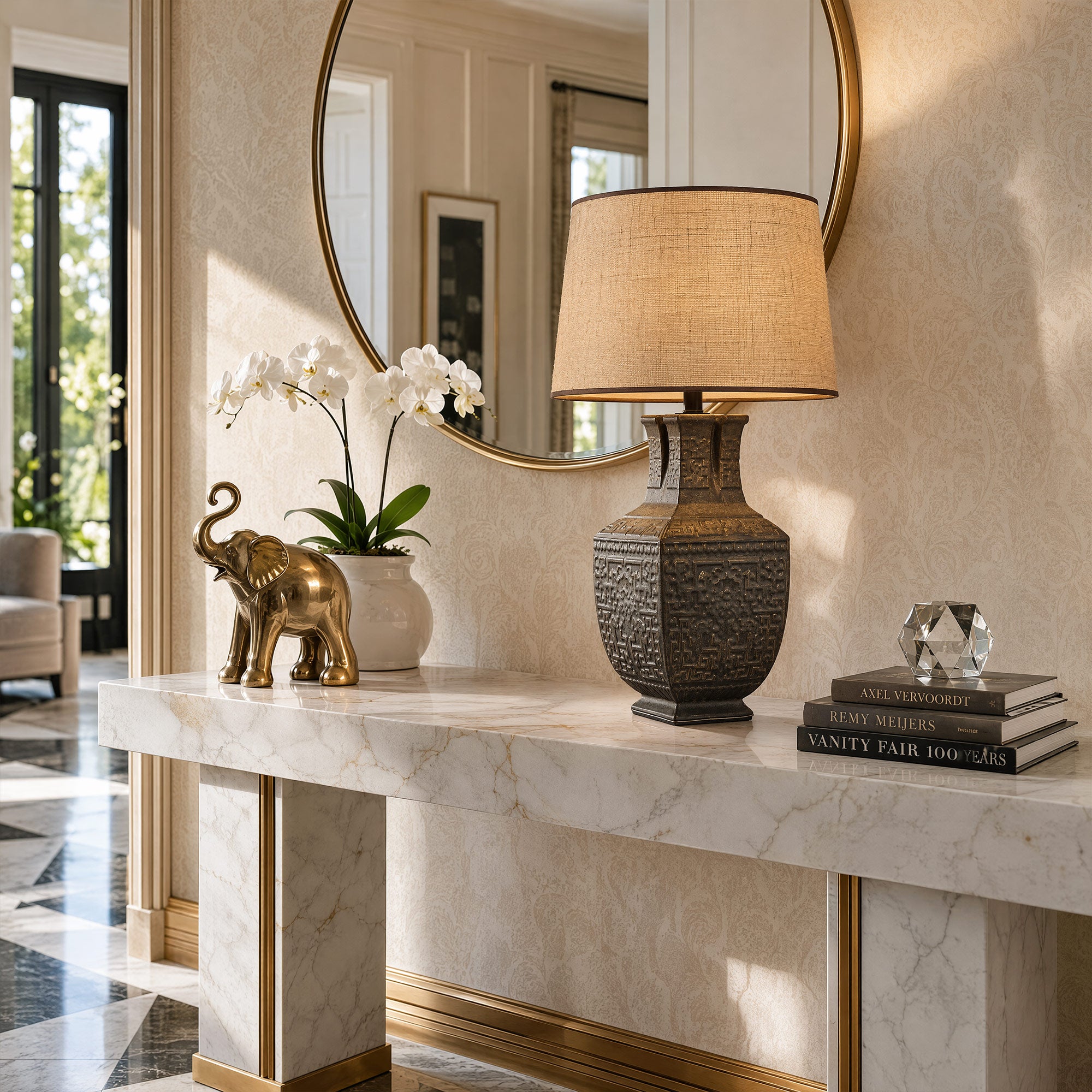 Illuminated vintage ceramic table lamp on a white marble console table in a luxury entryway near a round gold mirror