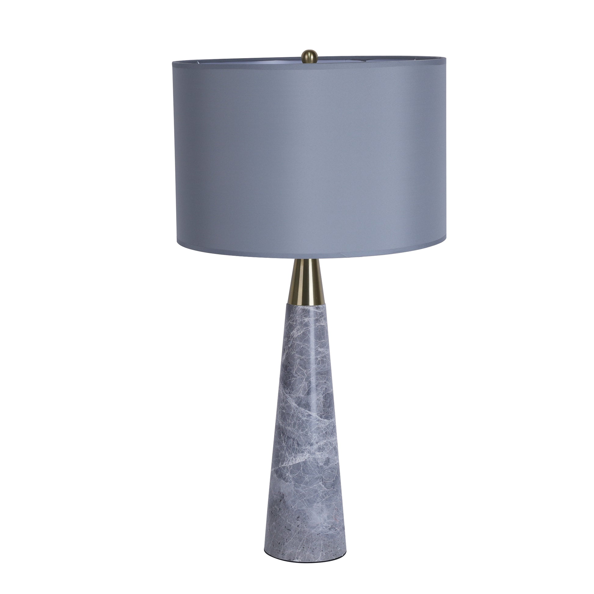 Grey marble cone table lamp with grey fabric shade and brass neck turned off on white background
