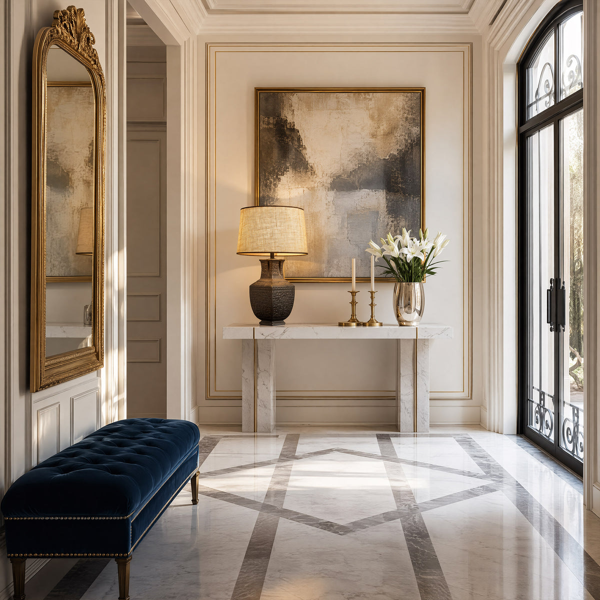 Handcrafted ceramic table lamp on a marble console table at the end of an elegant hallway with golden wall mirror