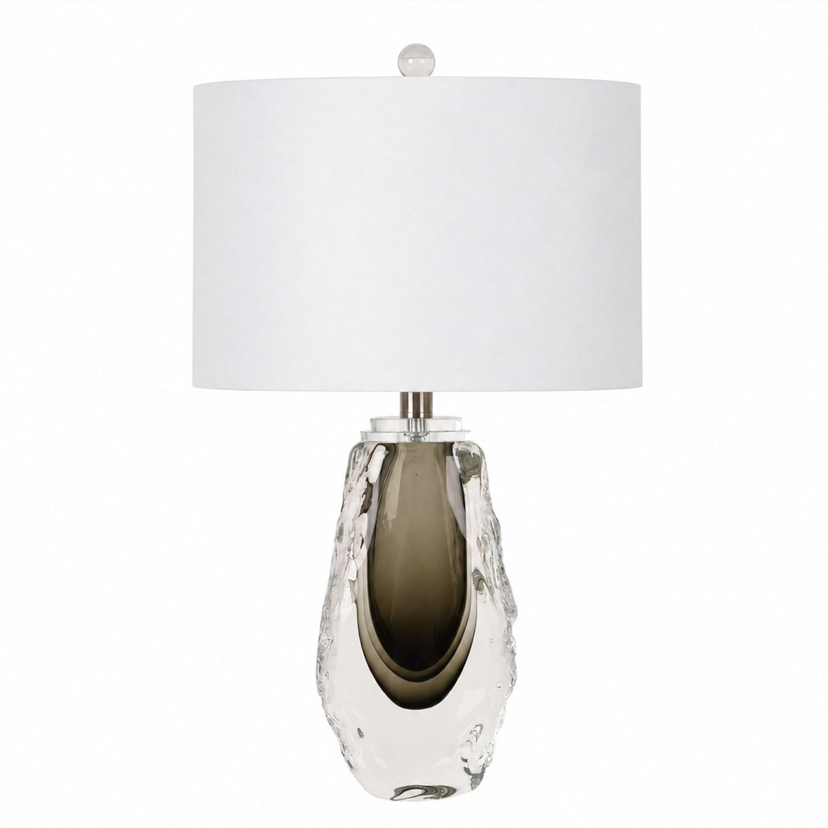 Modern handblown clear glass table lamp with dark smoke inner teardrop base and white fabric shade off status on white background