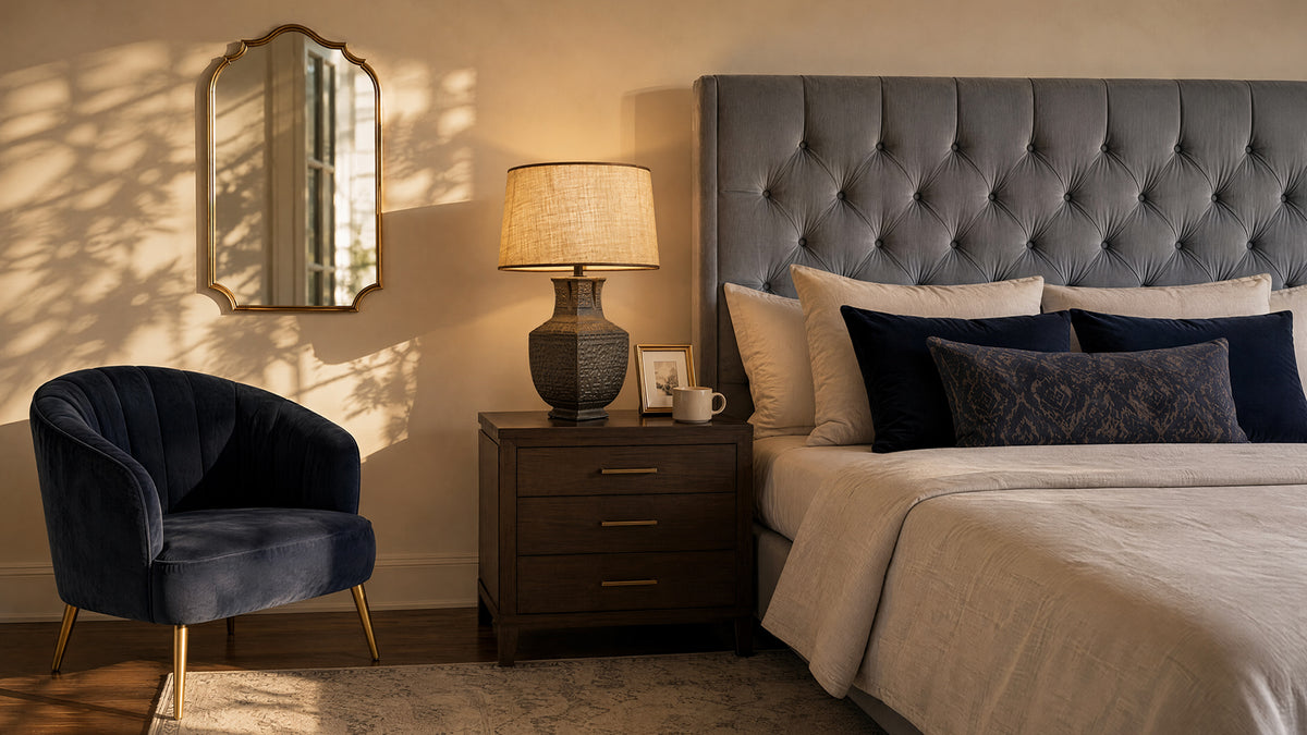 Illuminated handcrafted vintage vessel ceramic table lamp on a nightstand beside a Tufted headboard bed in a cozy bedroom