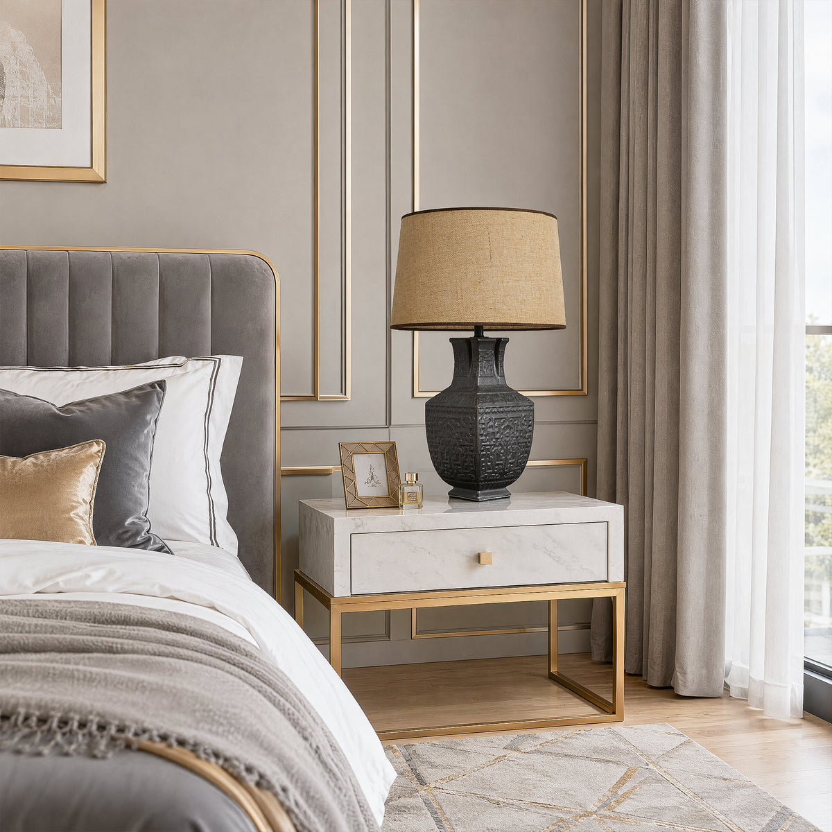 Handcrafted vintage vessel ceramic table lamp on a white marble bedside table with light off
