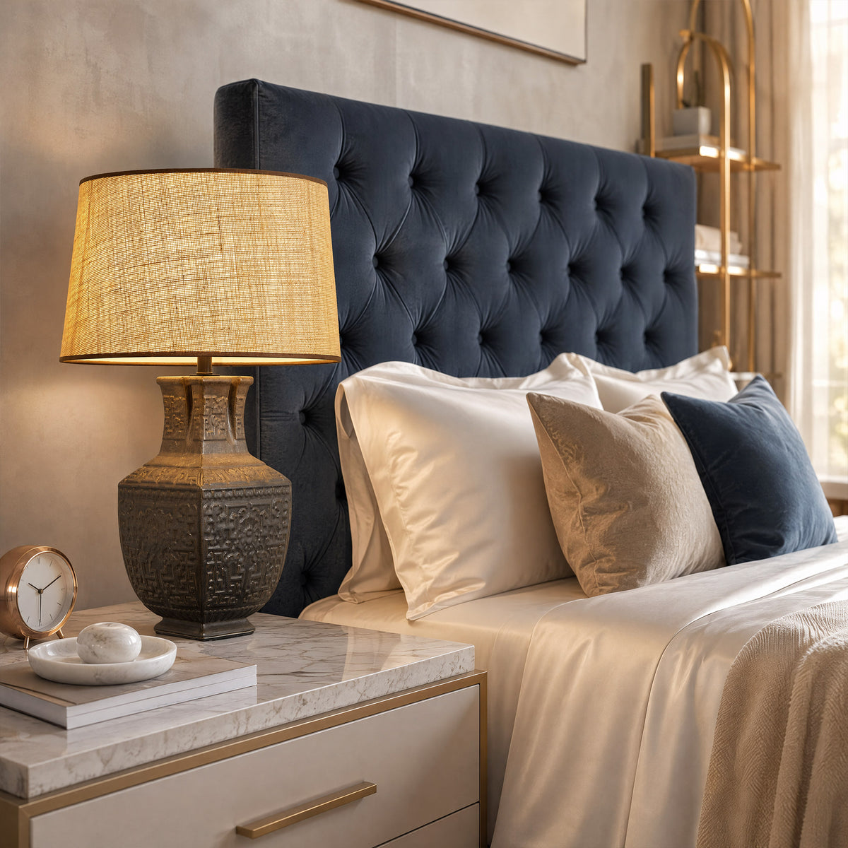 Illuminated handcrafted vintage vessel ceramic table lamp on a marble nightstand next to a dark blue upholstered bed