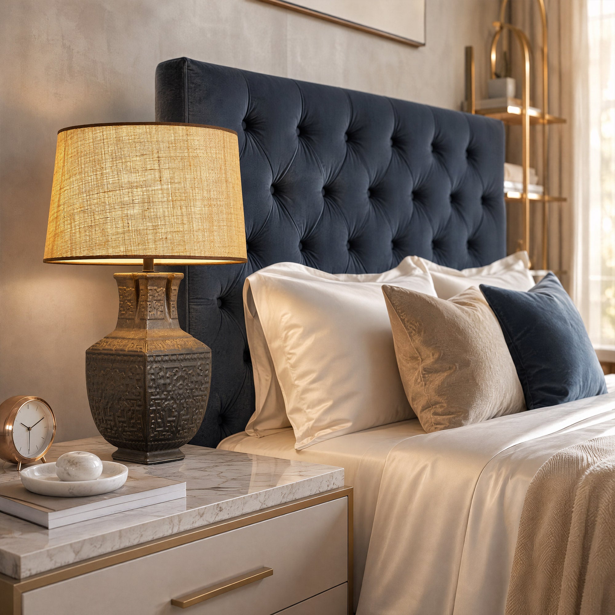 Illuminated handcrafted vintage vessel ceramic table lamp on a marble nightstand next to a dark blue upholstered bed