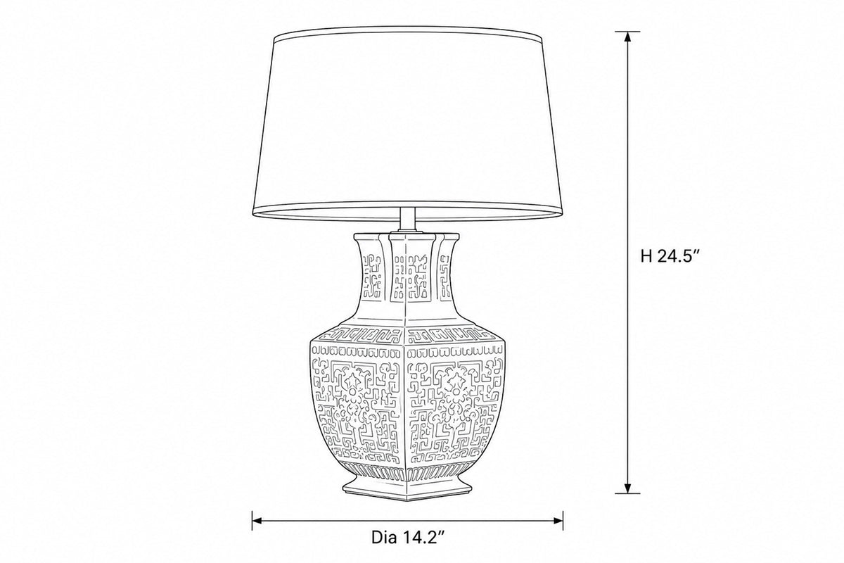 Dimension schematic drawing of handcrafted vintage vessel ceramic table lamp with total height 24.5 inches and shade diameter 14.2 inches