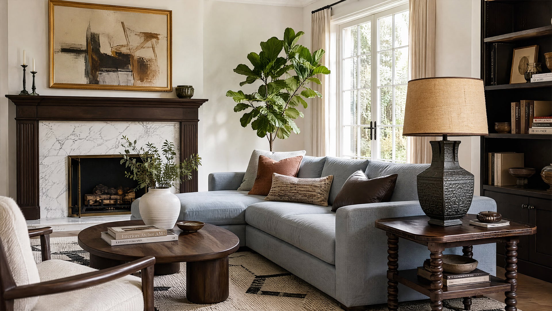 Handcrafted vintage vessel ceramic table lamp with burlap shade on a wooden end table in a modern living room with light off