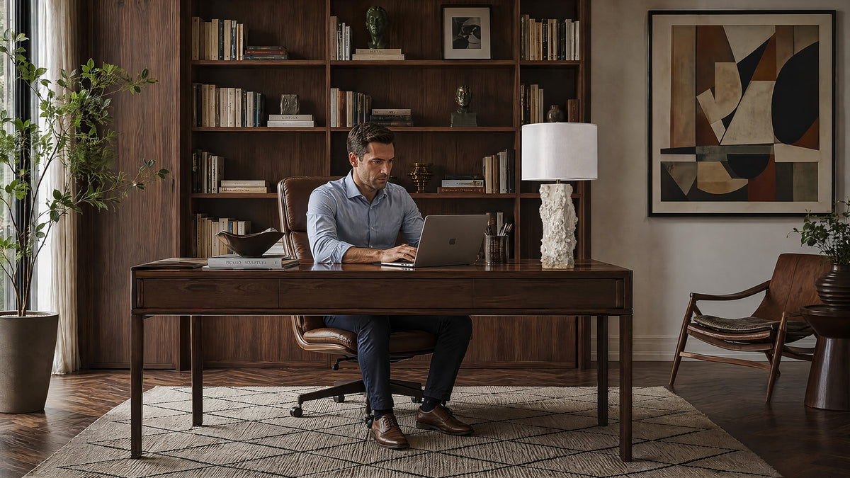 Handmade white ceramic vessel table lamp on executive desk with man working on laptop in dark wooden office study