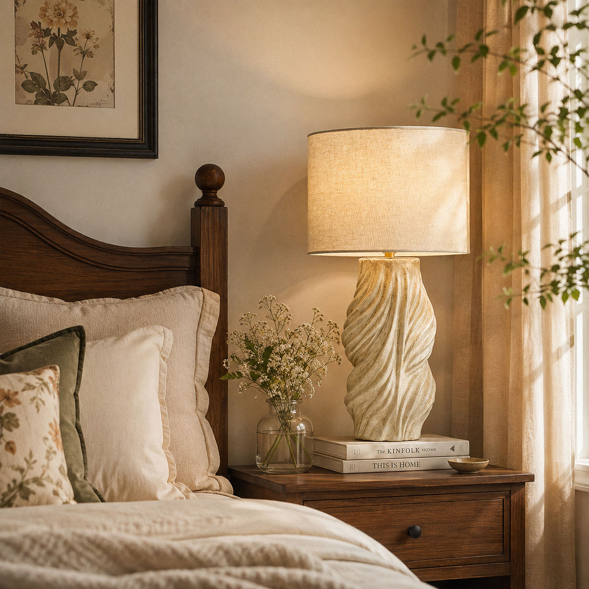 Warm lit twisted ceramic table lamp on wooden nightstand beside cozy bed in elegant bedroom