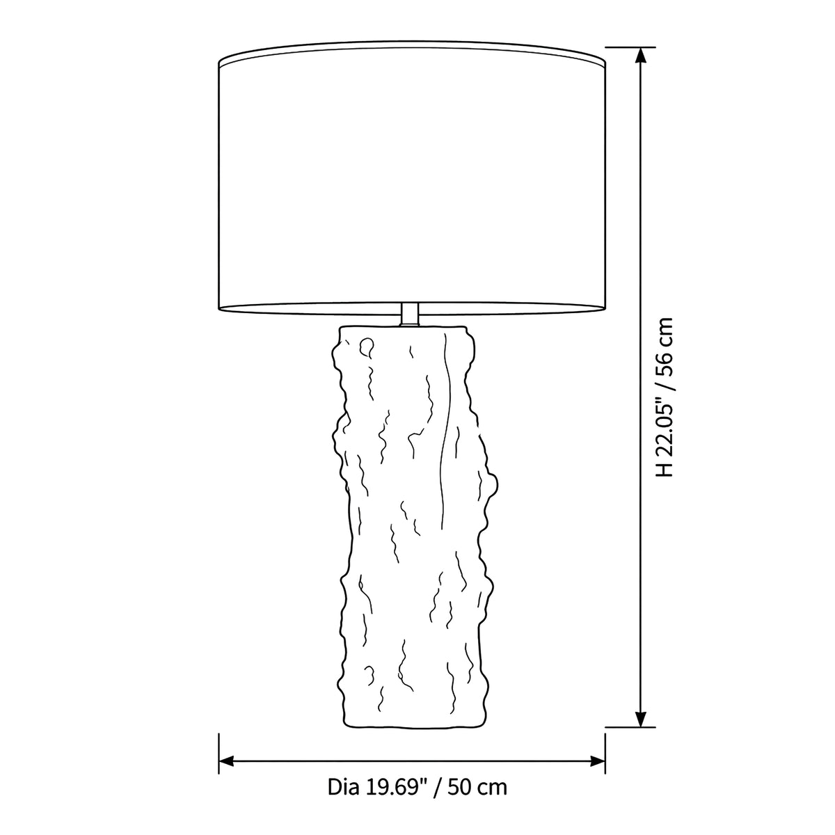 Dimension specifications diagram for handmade vintage organic textured white ceramic vessel table lamp showing height 22.05 inches and diameter 19.69 inches