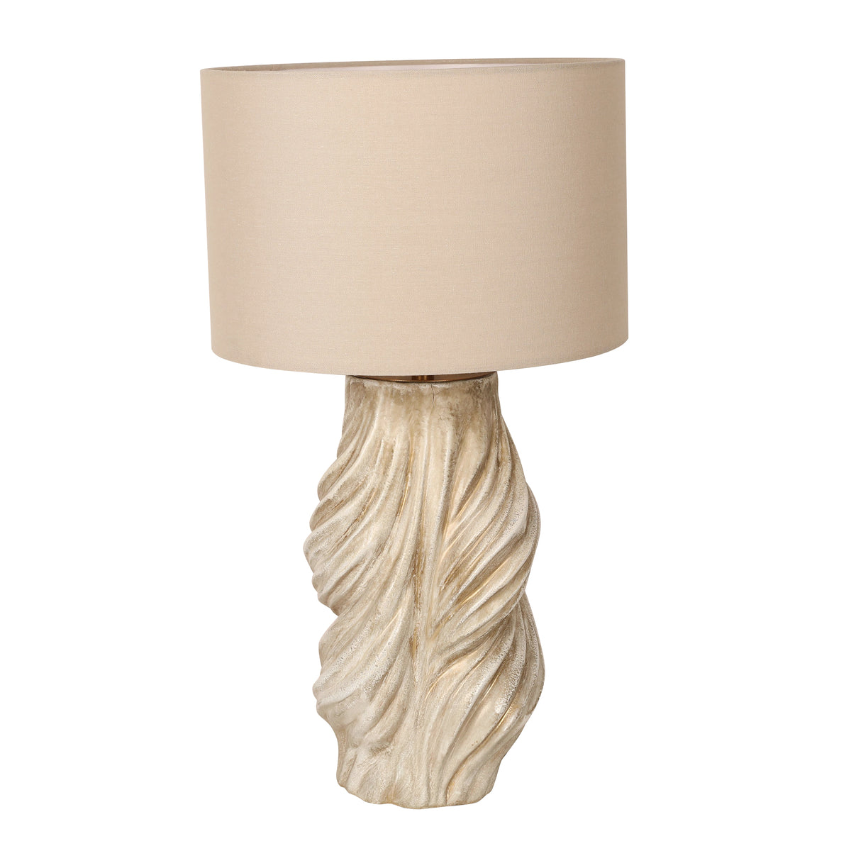 Handmade vintage twisted ceramic table lamp with beige fabric shade turned off on white background