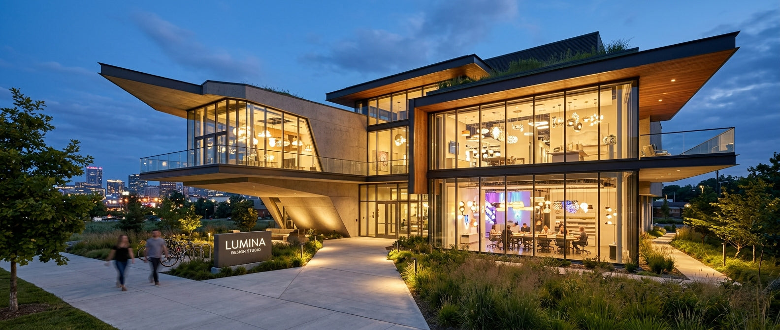 Exterior night view of a modern multi story lighting showroom and design studio with glowing interior light displays.