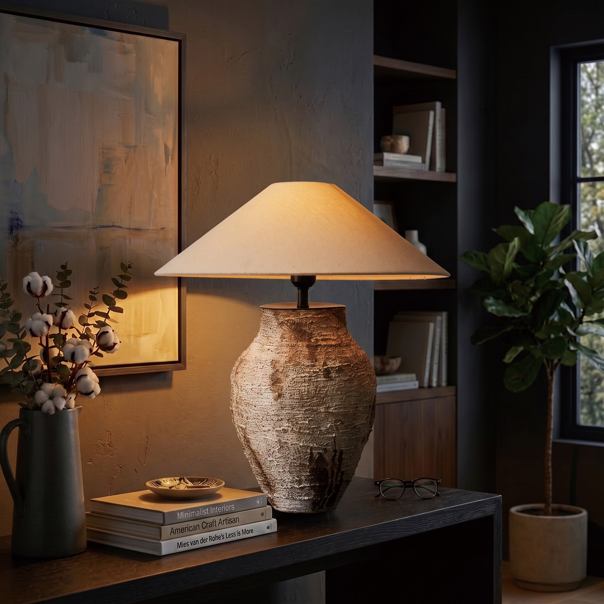 Illuminated vintage white ceramic table lamp casting a cozy glow on a dark entryway console table.